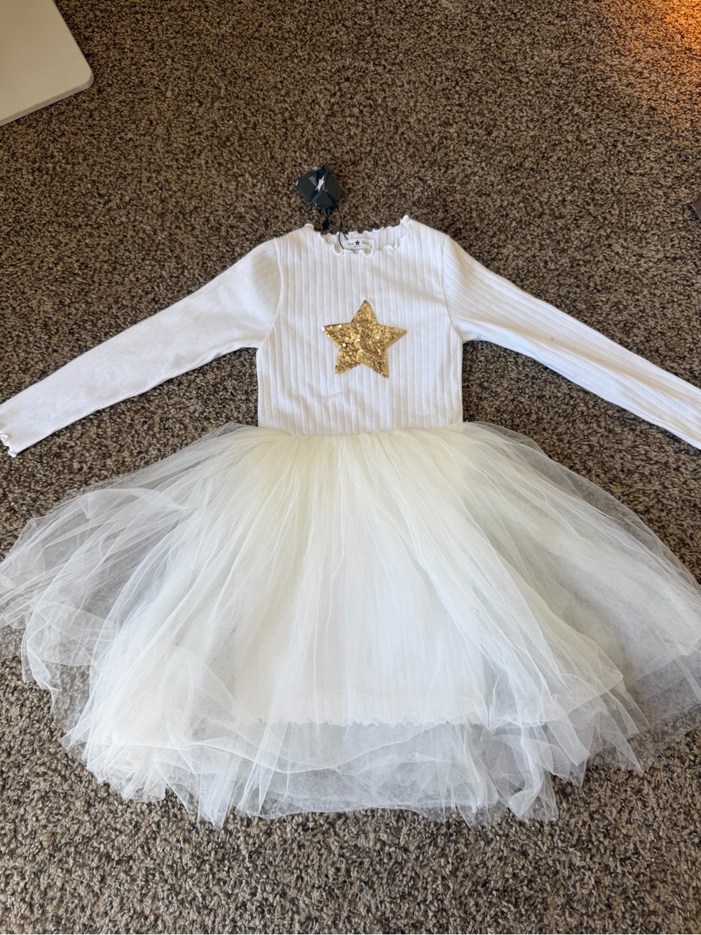 Petite Hailey White Cotton Tulle Dress Gold Sequin Star